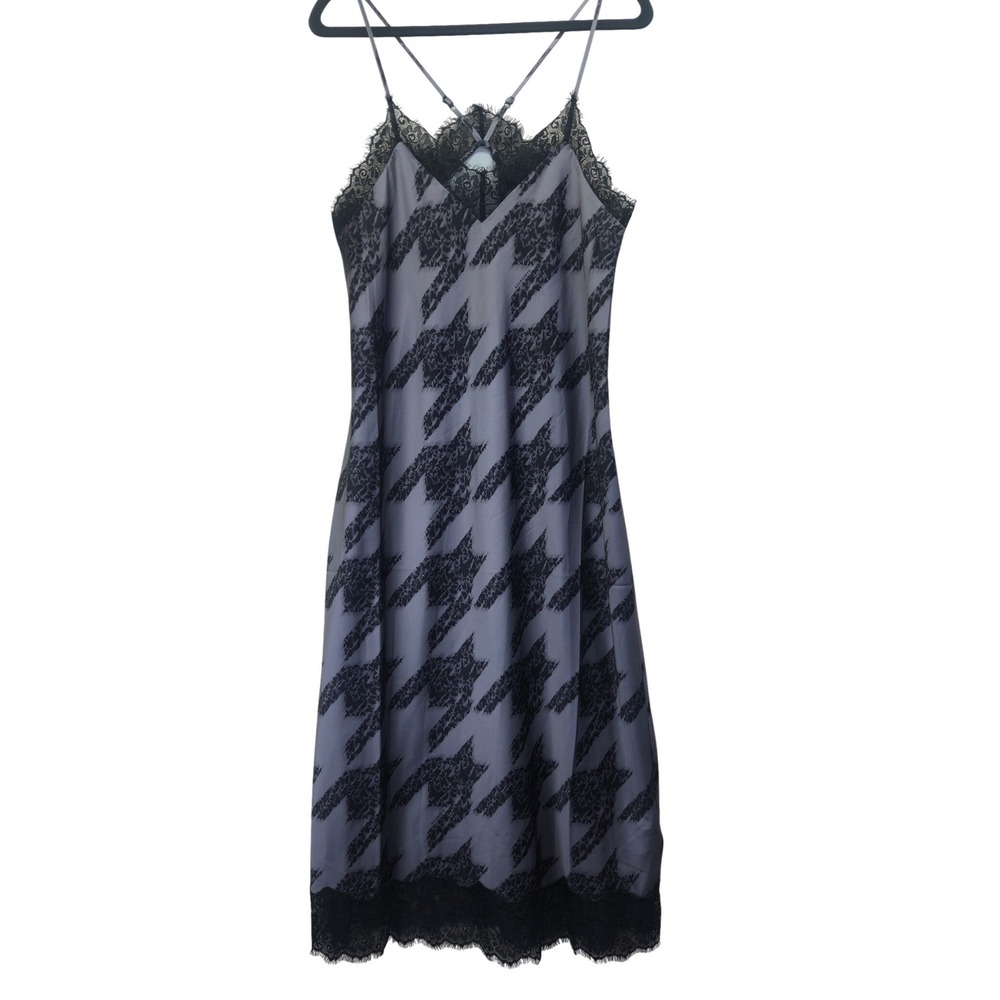 AllSaints Black Lace-Trim Houndstooth Slip Midi Dress
